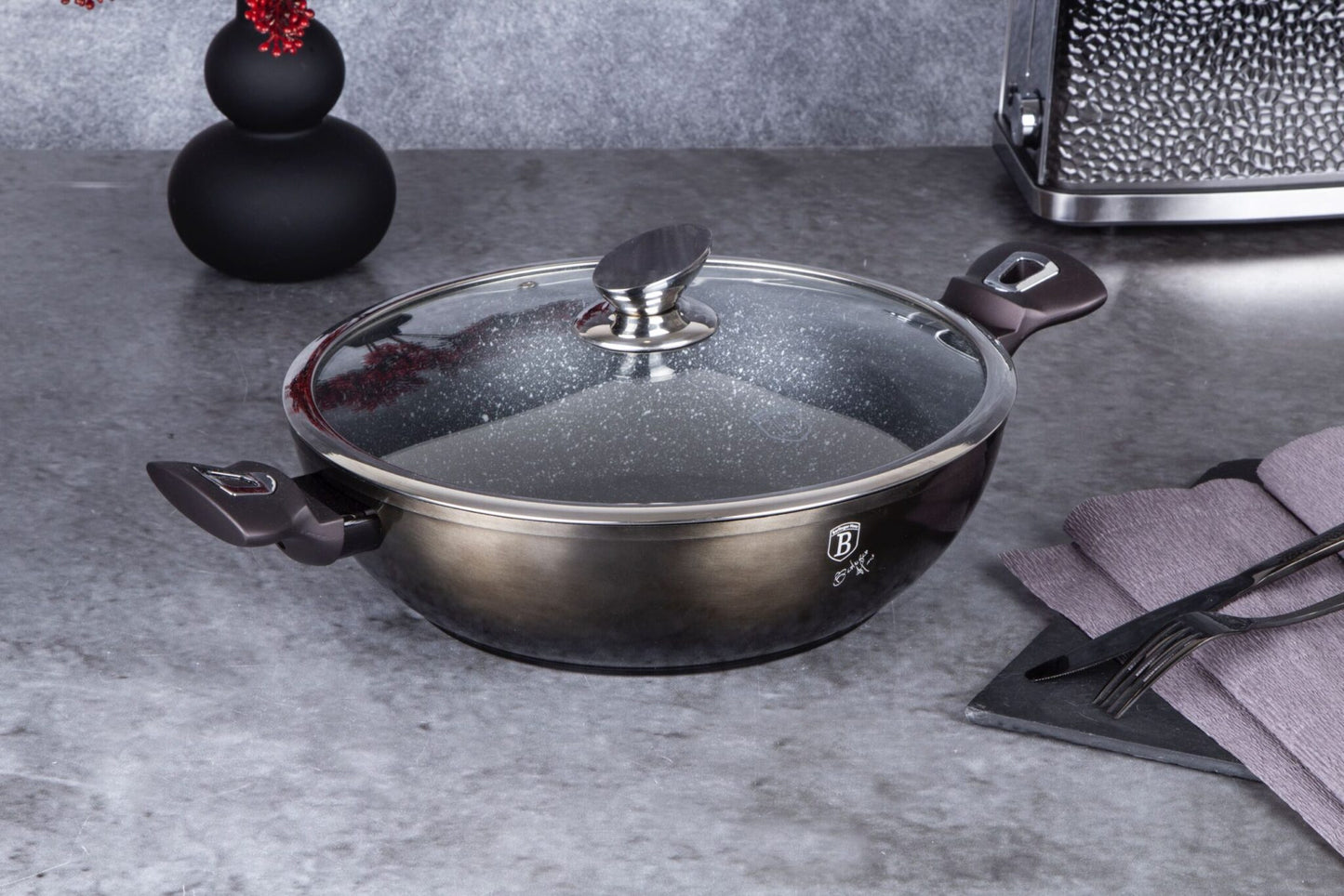 Berlinger Haus Metallic Line Shiny Black Edition Wok mit Deckel, 30 cm