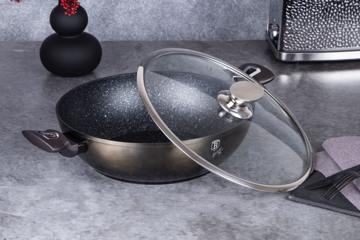 Berlinger Haus Metallic Line Shiny Black Edition Wok mit Deckel, 30 cm