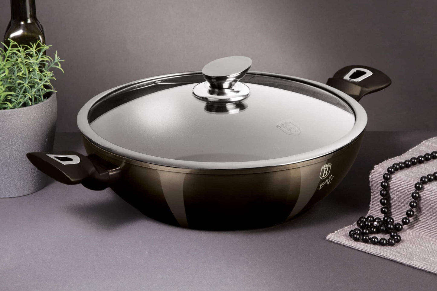 Berlinger Haus Metallic Line Shiny Black Edition Wok mit Deckel, 30 cm