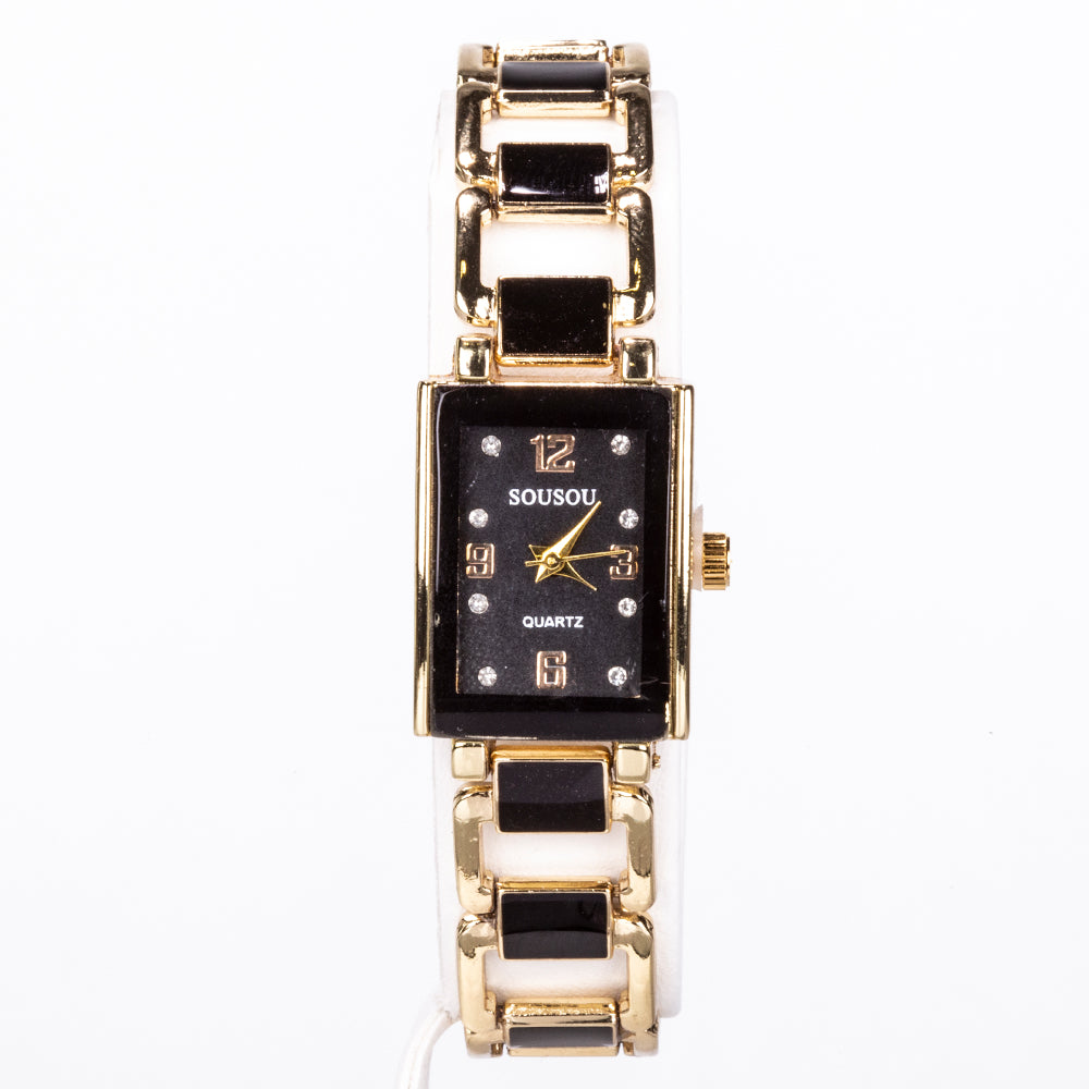 5-teiliges, goldfarbenes Emporia Schmuckset in Premium-Qualität, in einer exklusiven Geschenkbox in Lederoptik (mit Uhr, Armband, Halskette, Ohrringen und Ring, mit schwarzen und weißen Emporia-Kristallen)