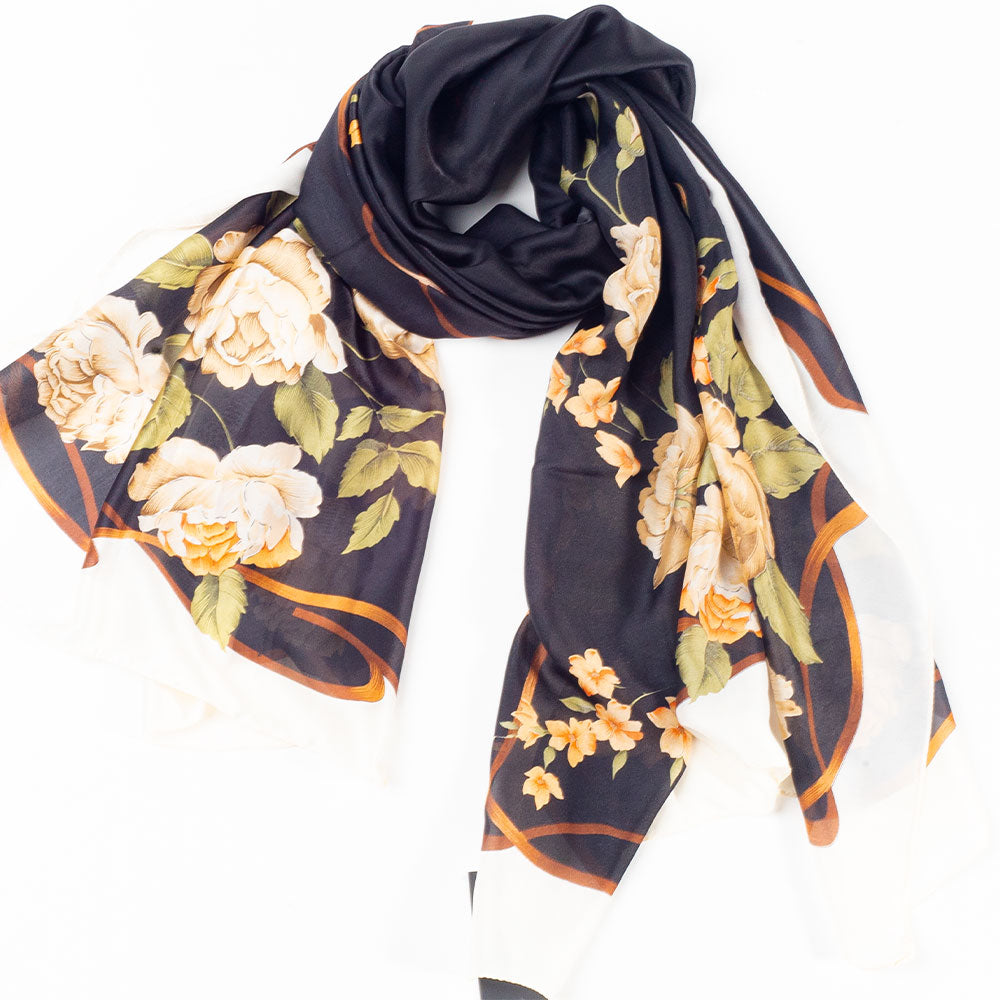 Schal "Leinwand & Blüte", 85 x 180 cm, Schwarz, 100% vegane Seide