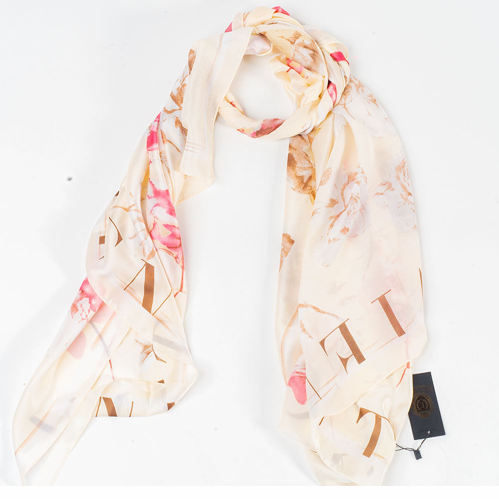 Schal "Blüten und Buchstaben", 85 x 180 cm, Weiß, 100% vegane Seide