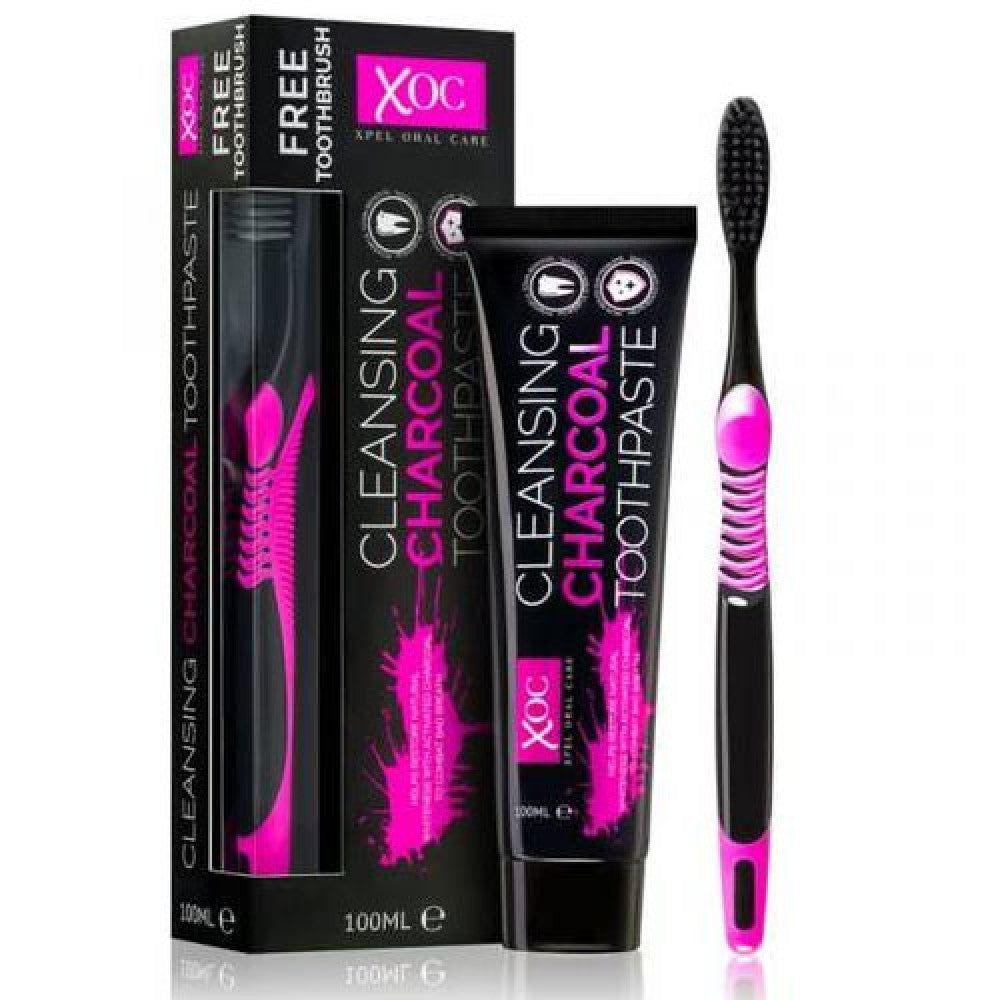 XOC Aufhellende Zahnpasta mit Aktivkohle mit Zahnbürste als GESCHENK
