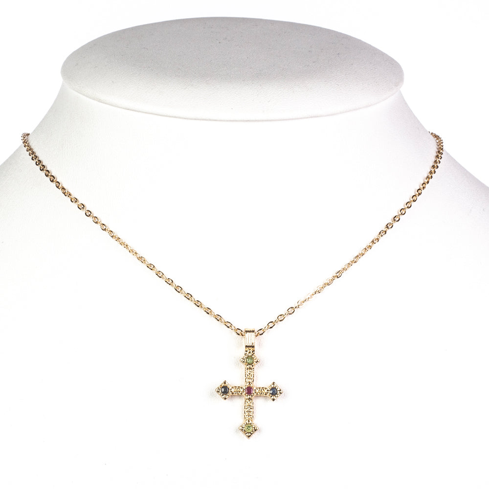 Halskette aus goldplattierter Legierung mit burmesischem Rubin und brasilianischem Smaragd