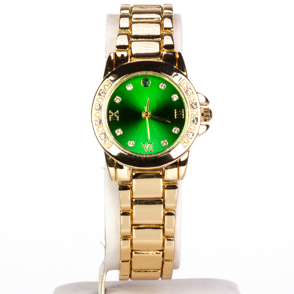 Uhr aus goldplattierter Legierung mit Smaragd und weißem Emporia® Kristall