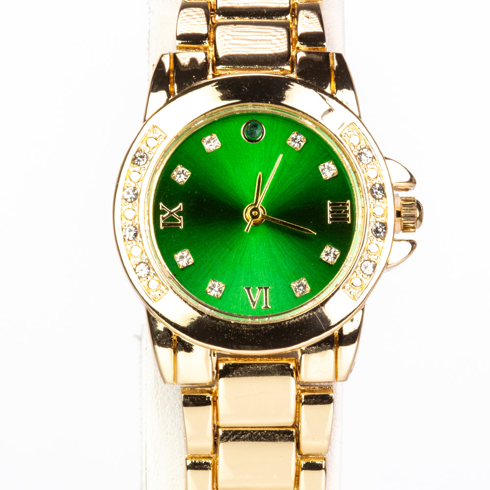 Uhr aus goldplattierter Legierung mit Smaragd und weißem Emporia® Kristall