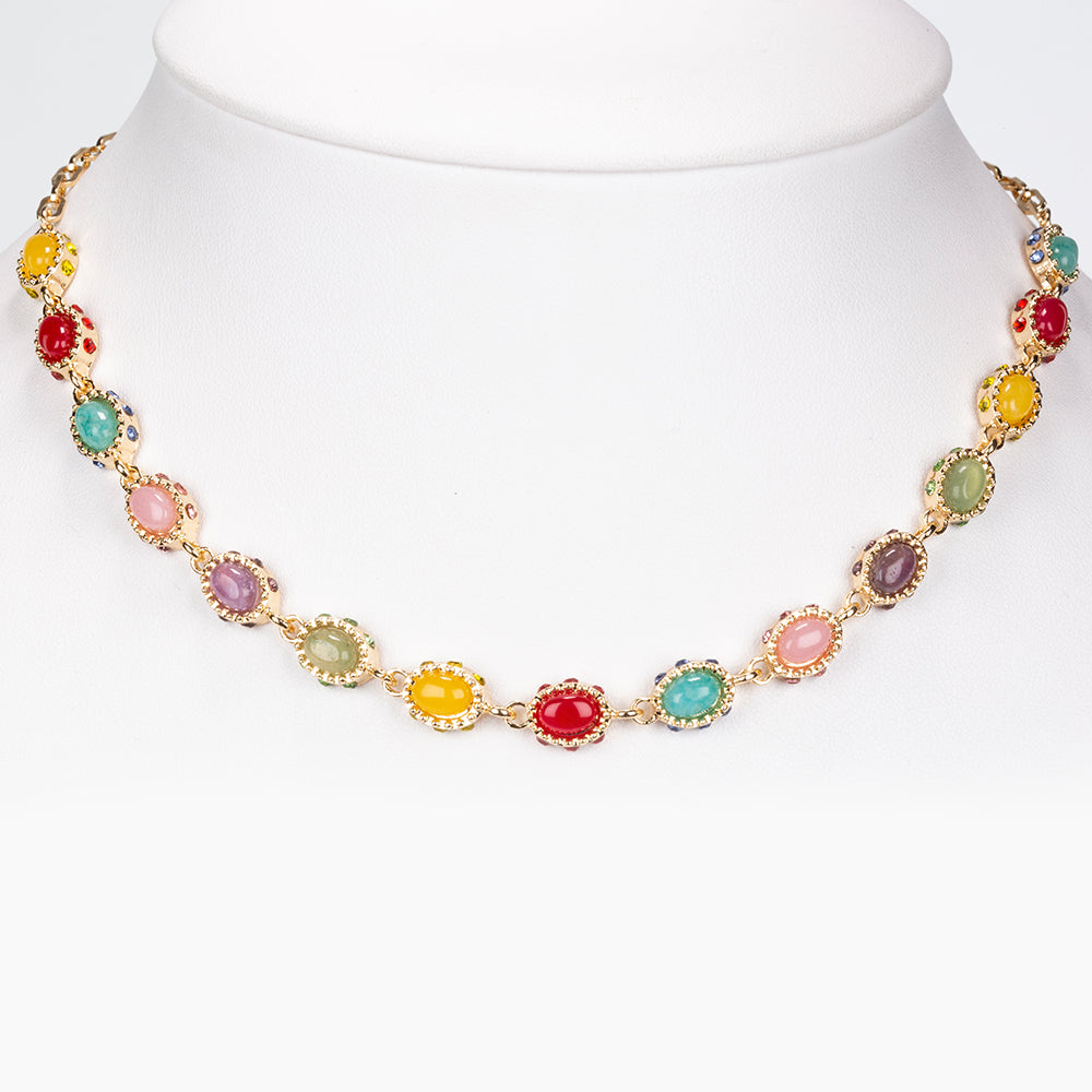 Halskette aus goldplattierter Legierung mit rotem Achat und Amethyst