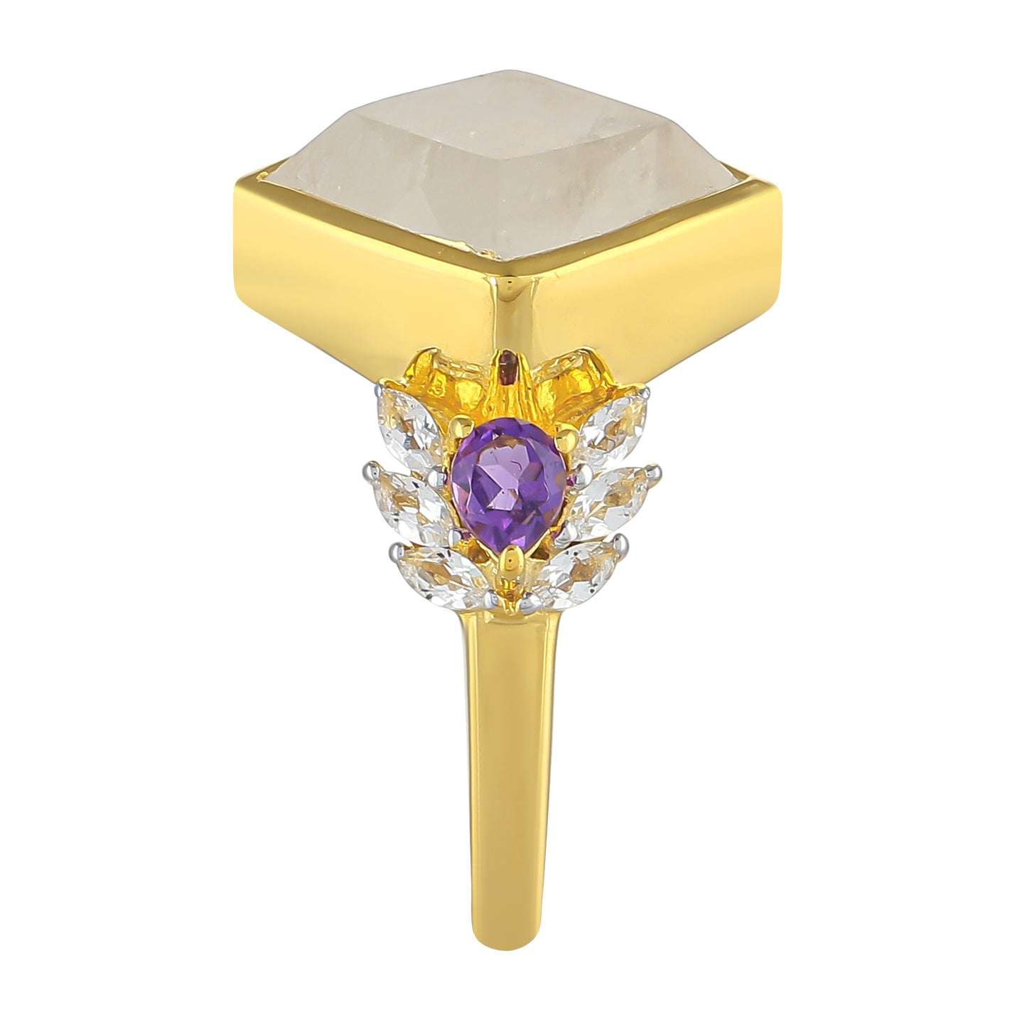 Goldplattierter Silberring mit Regenbogenmondstein und brasilianischem Amethyst
