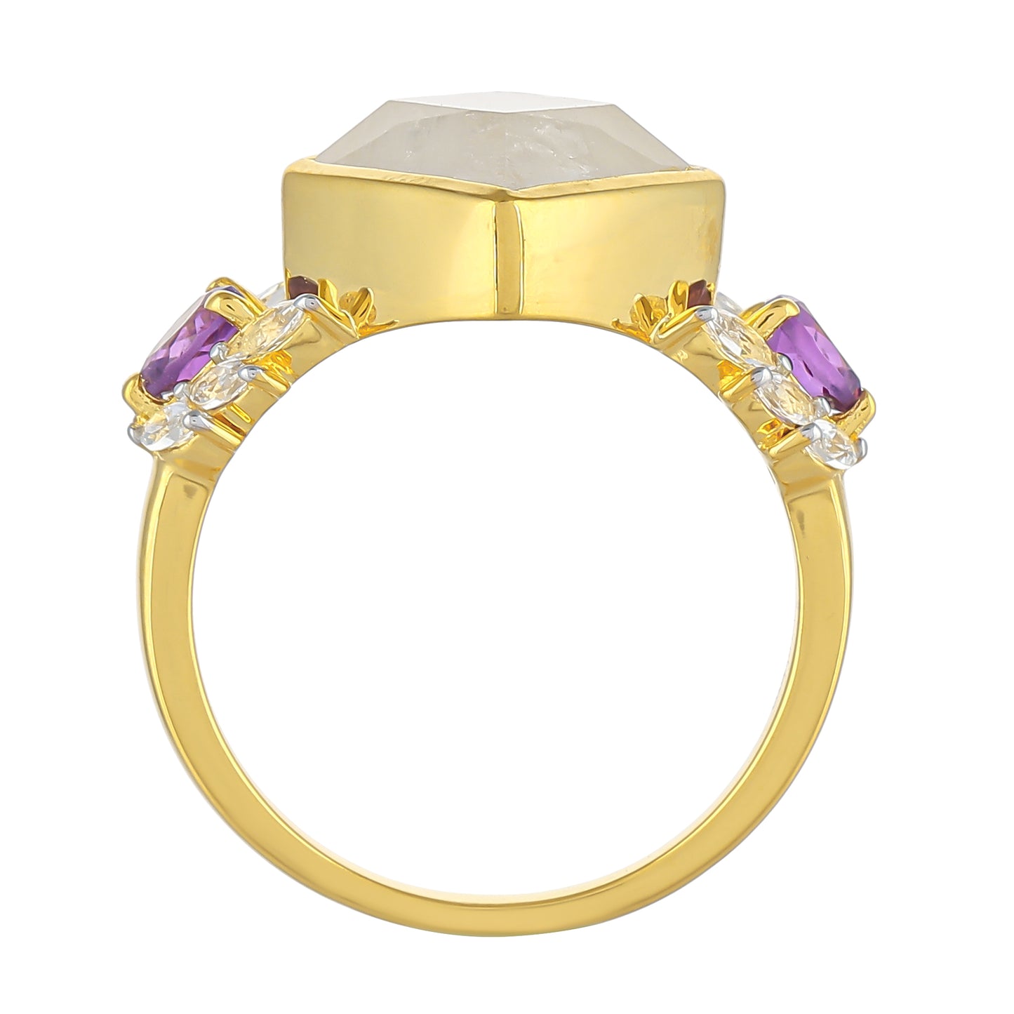 Goldplattierter Silberring mit Regenbogenmondstein und brasilianischem Amethyst