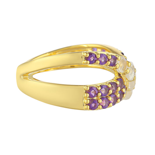 Goldplattierter Silberring mit Regenbogenmondstein und brasilianischem Amethyst