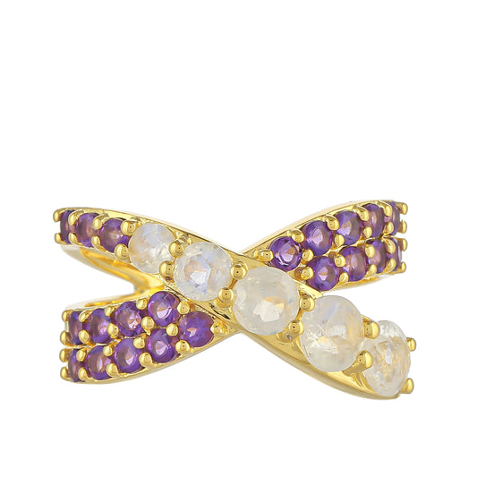 Goldplattierter Silberring mit Regenbogenmondstein und brasilianischem Amethyst