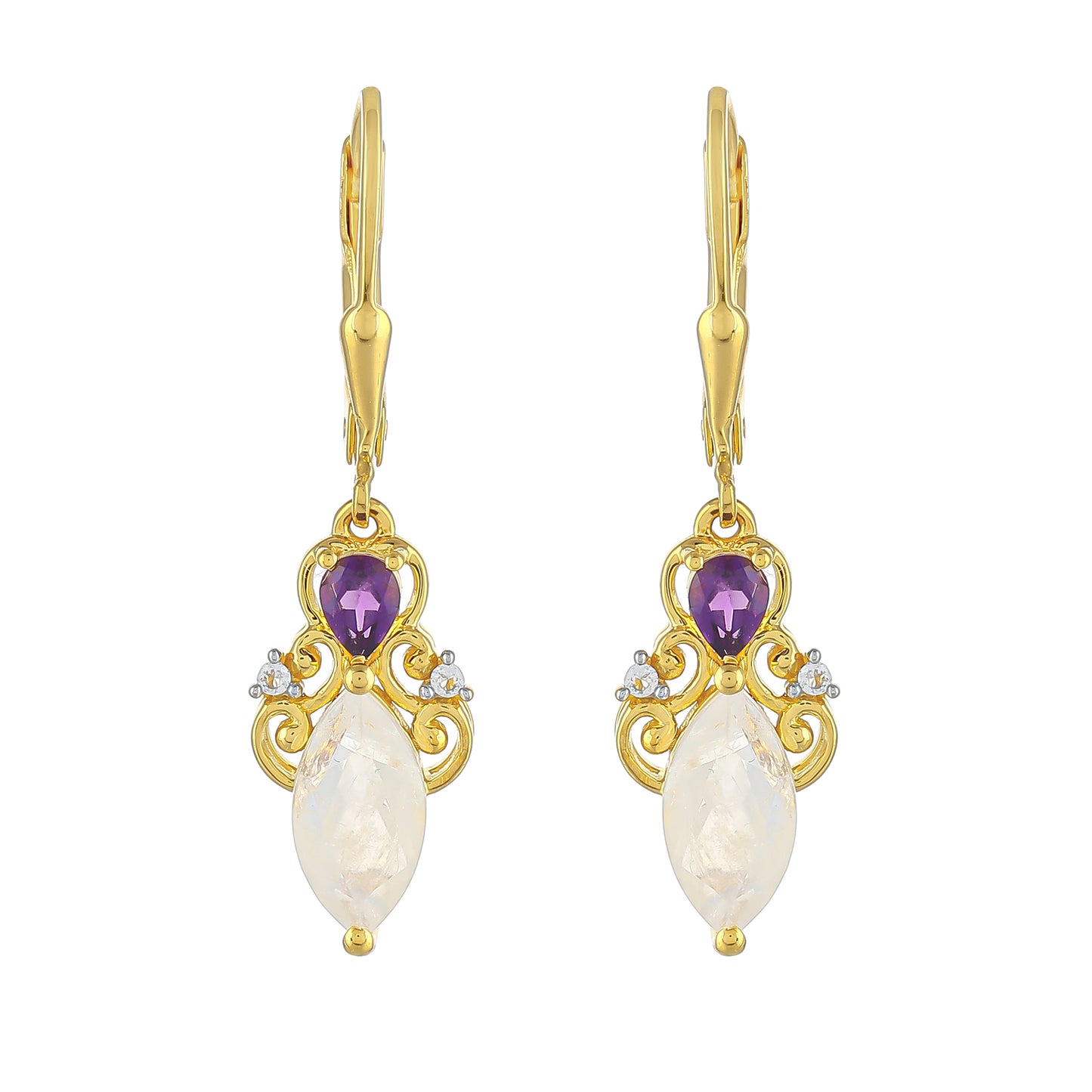 Goldplattierte Silberohrringe mit Regenbogenmondstein und brasilianischem Amethyst