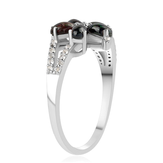 Silberring mit mitternachtsschwarzem äthiopischen Opal aus Lega Dembi und weißem Topas