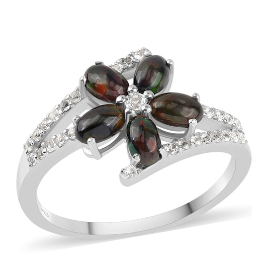 Silberring mit mitternachtsschwarzem äthiopischen Opal aus Lega Dembi und weißem Topas