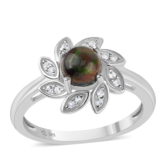 Silberring mit mitternachtsschwarzem äthiopischen Opal aus Lega Dembi und weißem Topas