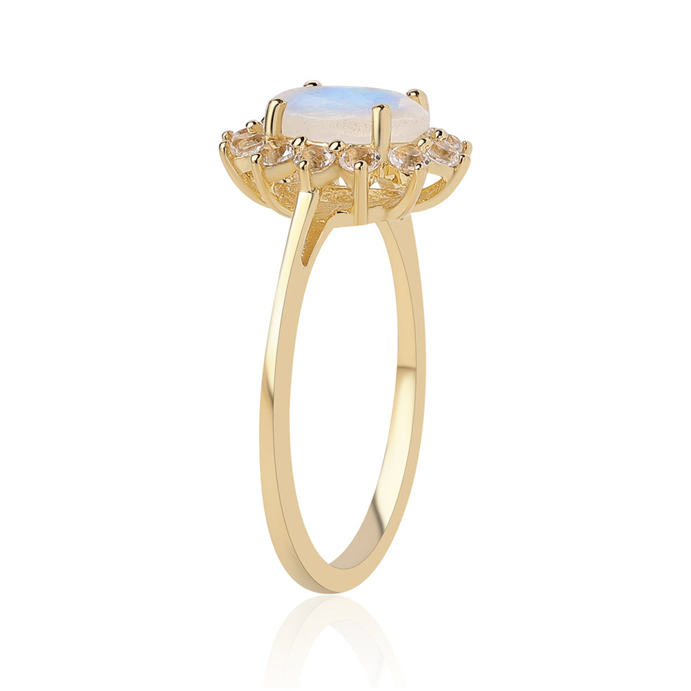 Goldplattierter Silberring mit Regenbogenmondstein - Klasse AA und weißem Topas