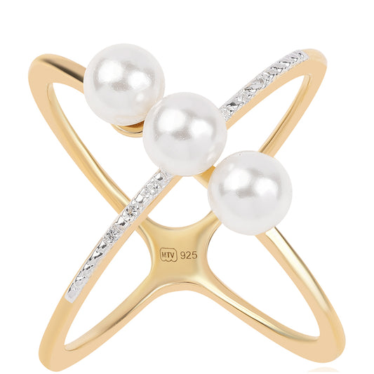 Goldplattierter Silberring mit weißer Süßwasserperle und weißem Topas