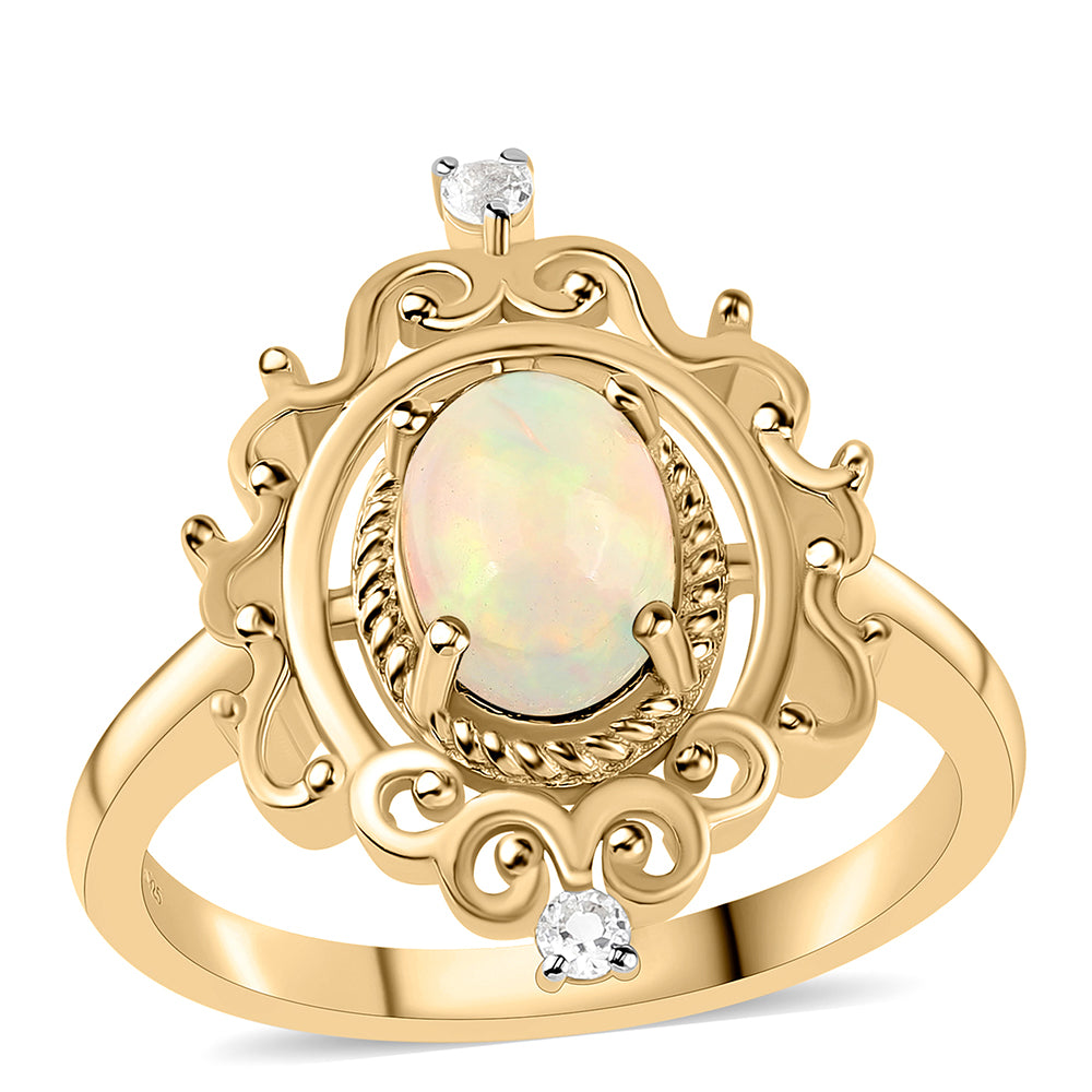 Goldplattierter Silberring mit äthiopischem Opal aus Lega Dembi und weißem Topas