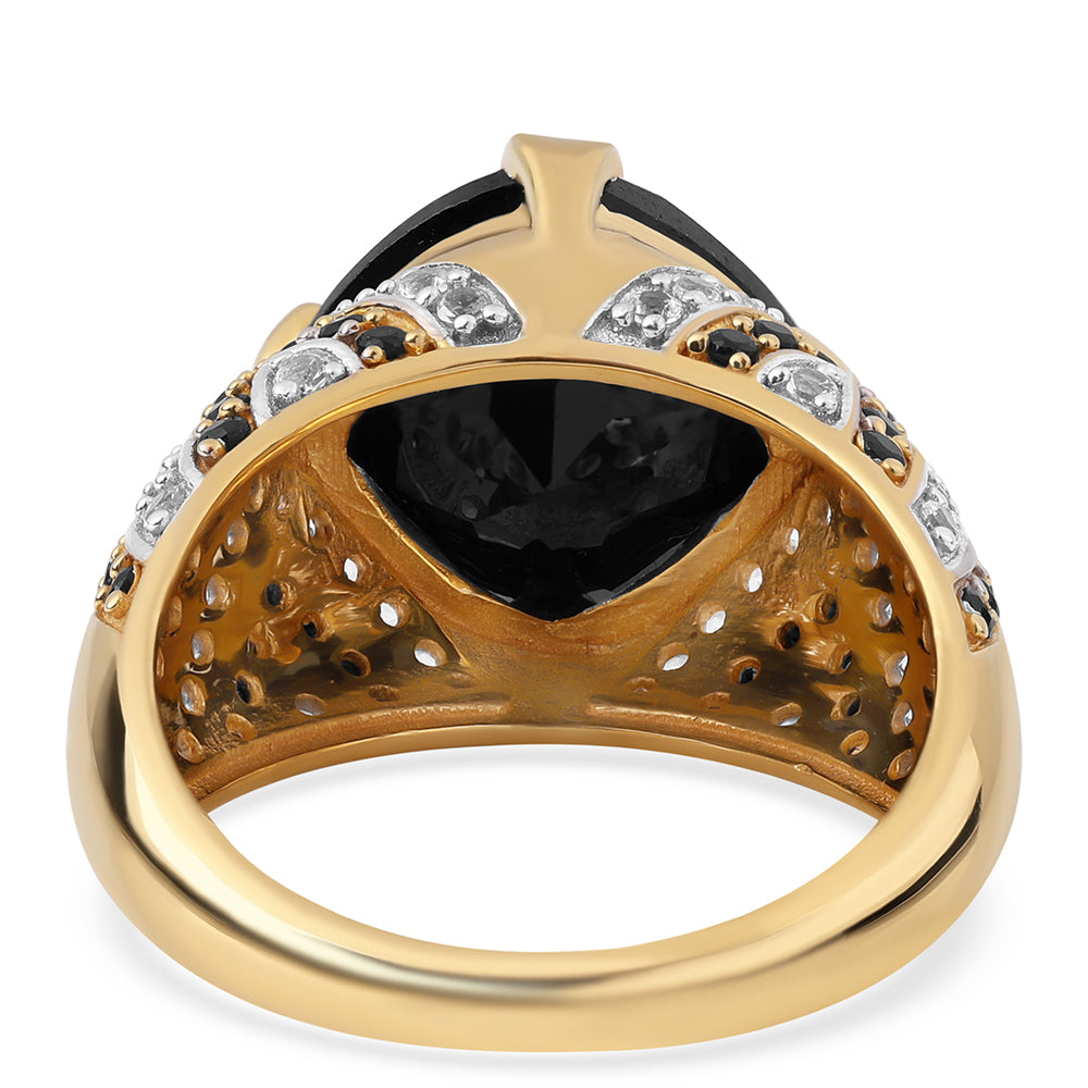 Goldplattierter Silberring mit schwarzem Spinell und weißem Topas