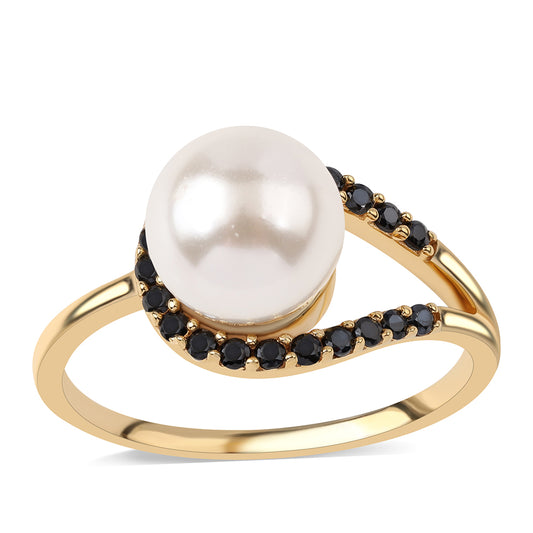 Goldplattierter Silberring mit schwarzem Spinell und weißer Süßwasserperle