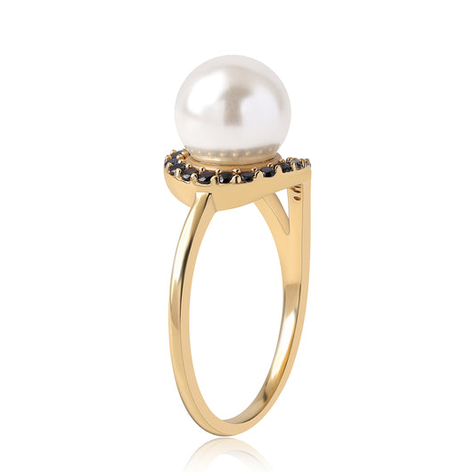 Goldplattierter Silberring mit schwarzem Spinell und weißer Süßwasserperle