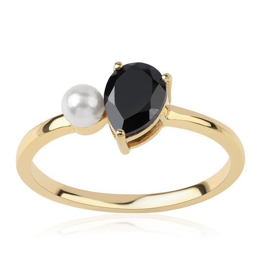 Goldplattierter Silberring mit schwarzem Spinell und weißer Süßwasserperle