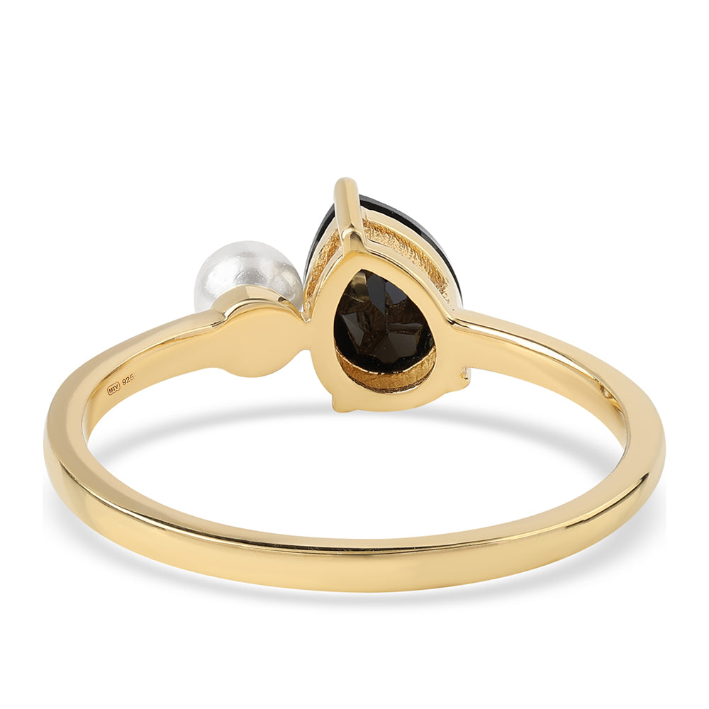 Goldplattierter Silberring mit schwarzem Spinell und weißer Süßwasserperle