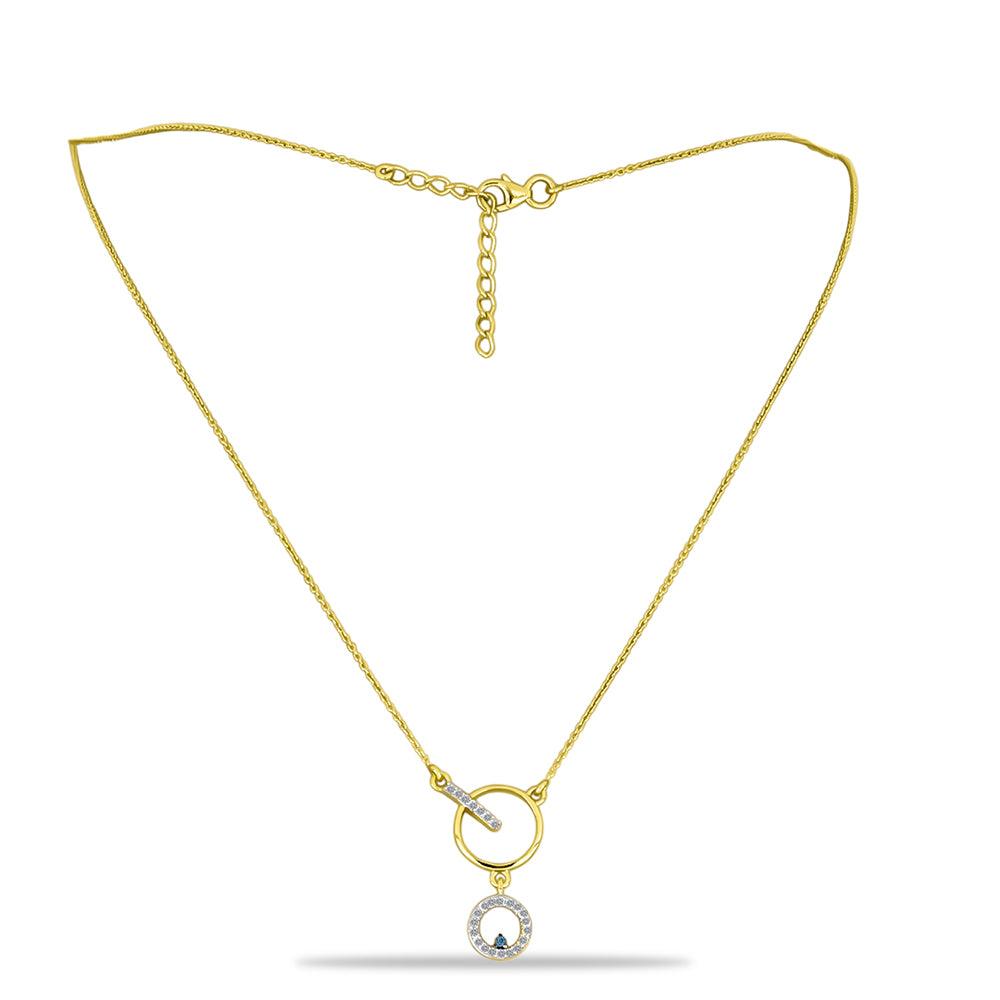 Goldplattierte Silberhalskette mit blauem Diamant und weißem Zirkon