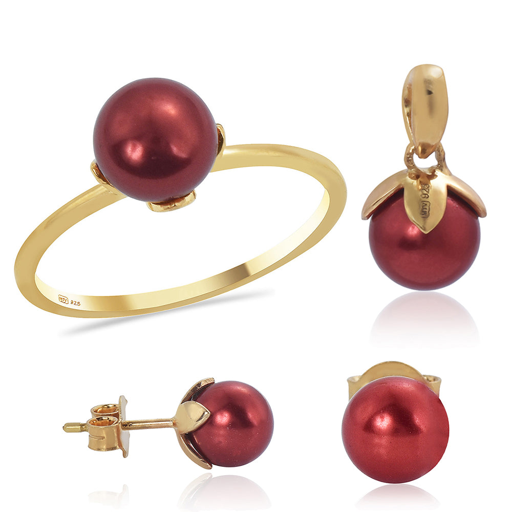 schmuckgarnitur aus Goldplattierte Silber mit roter Süßwasserperle