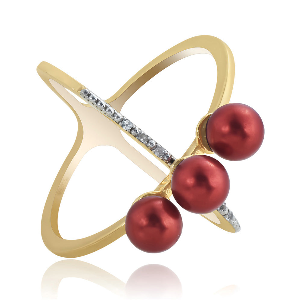 Goldplattierter Silberring mit roter Süßwasserperle und weißem Topas