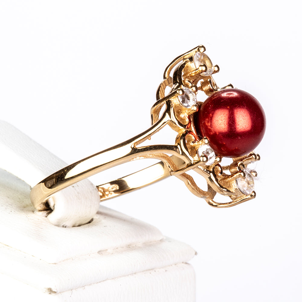 Goldplattierter Silberring mit roter Süßwasserperle und weißem Topas