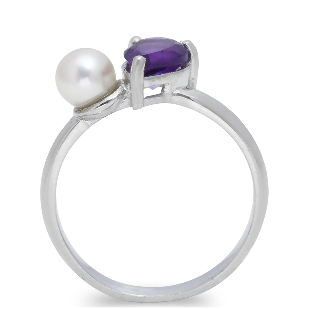 Silberring mit marokkanischem Amethyst und weißer Süßwasserperle