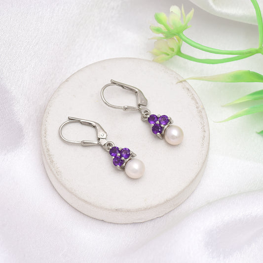 Silberohrringe mit marokkanischem Amethyst und weißer Süßwasserperle