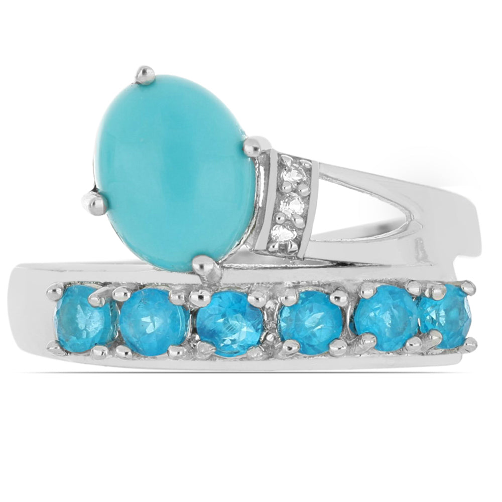 Silberring mit Dornröschen Türkis aus und himmelblauem Apatit aus Sljudjanka