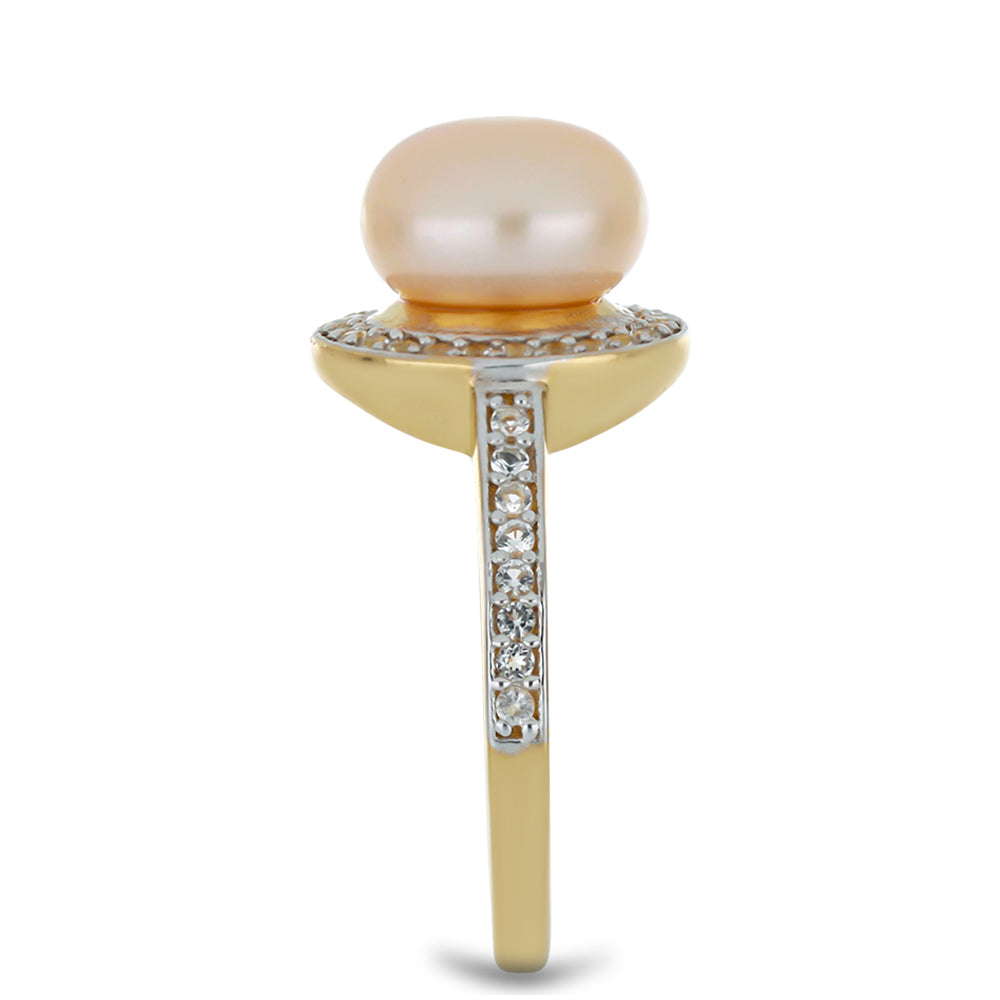 Goldplattierter Silberring mit pfirsichfarbener Süßwasserperle und weißem Topas