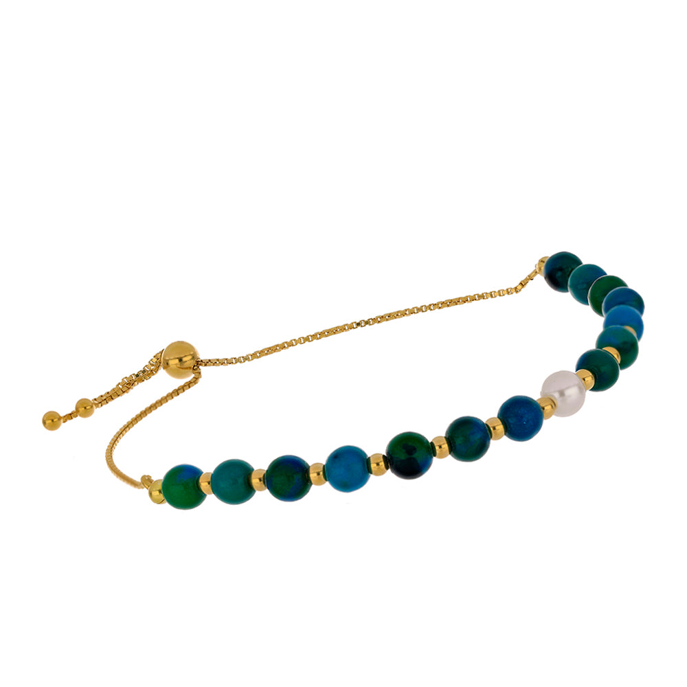 Goldplattiertes Silberarmband mit Chrysokoll und weißer Süßwasserperle
