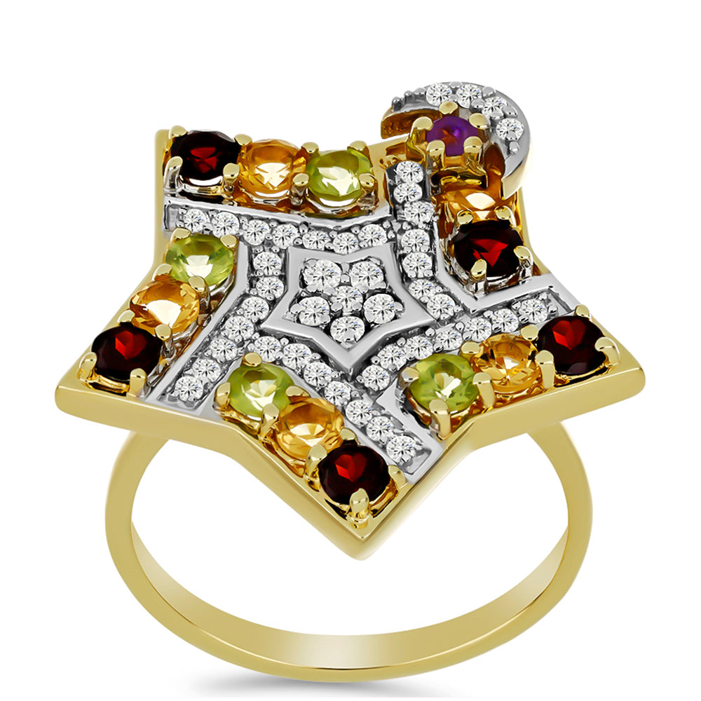 Goldplattierter Silberring mit marokkanischem Amethyst und Zitrin aus dem Ural