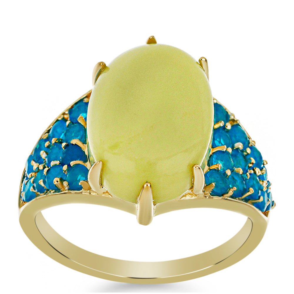 Goldplattierter Silberring mit gelbem Serpentin und äthiopischem Paraiba-Blauopal