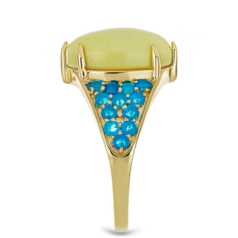 Goldplattierter Silberring mit gelbem Serpentin und äthiopischem Paraiba-Blauopal