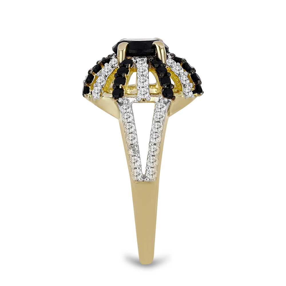 Goldplattierter Silberring mit schwarzem Spinell und weißem Topas