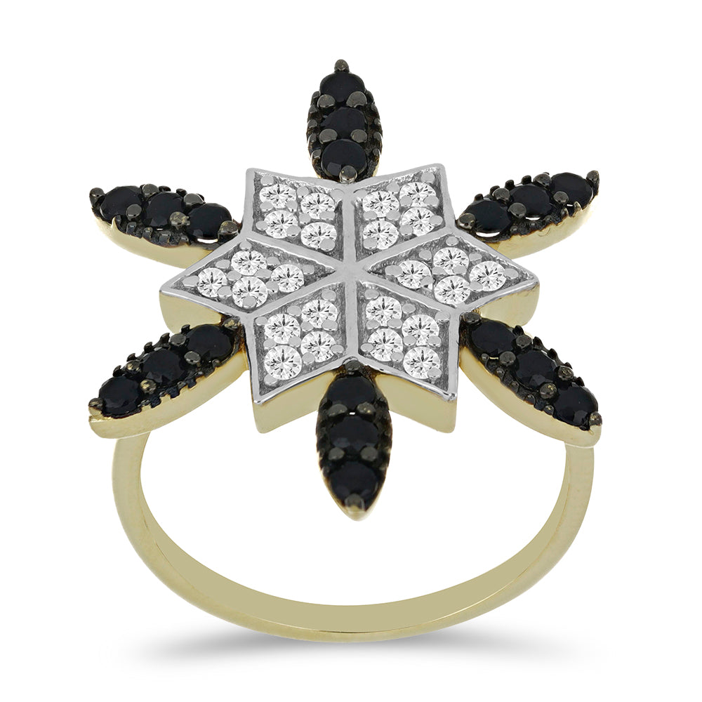 Goldplattierter Silberring mit schwarzem Spinell und weißem Topas