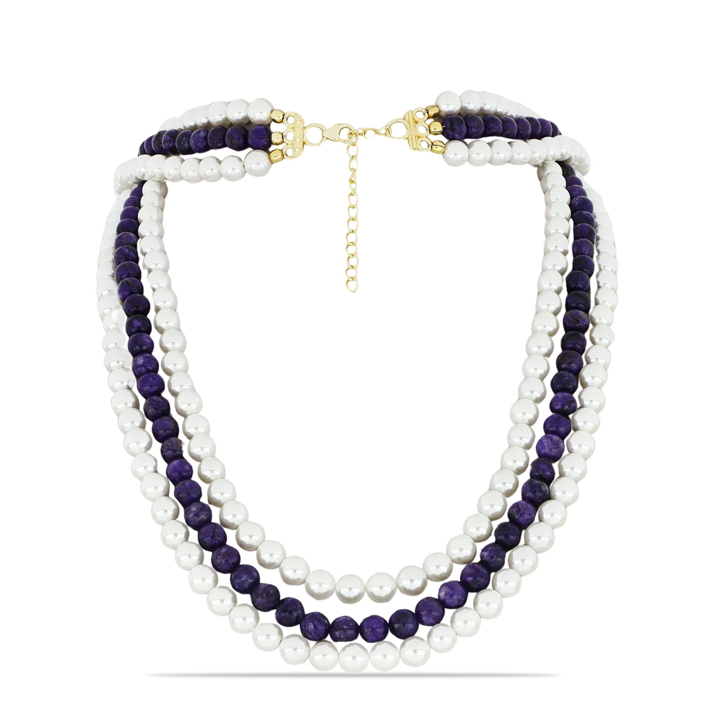 Goldplattierte Silberhalskette mit Charoit und weißer Süßwasserperle