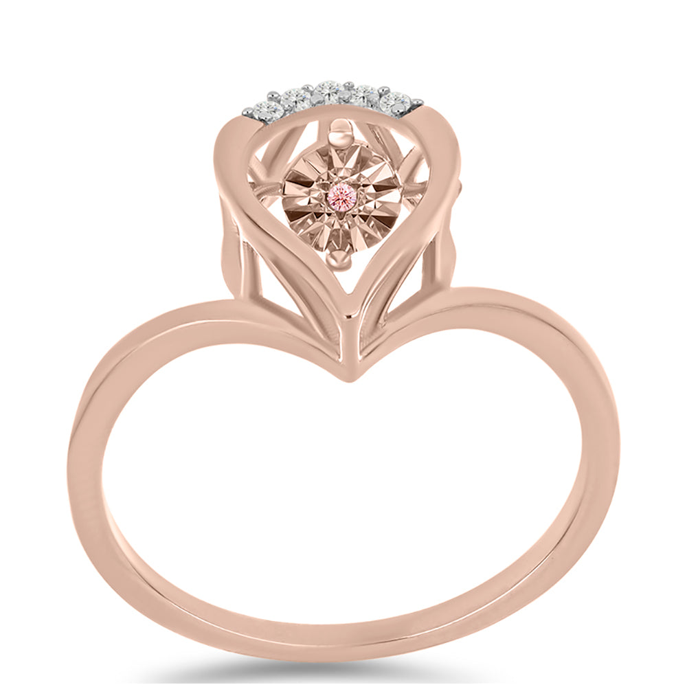 Rosevergoldeter Silberring mit rosafarbenem tanzendem Diamanten und weißem Topas