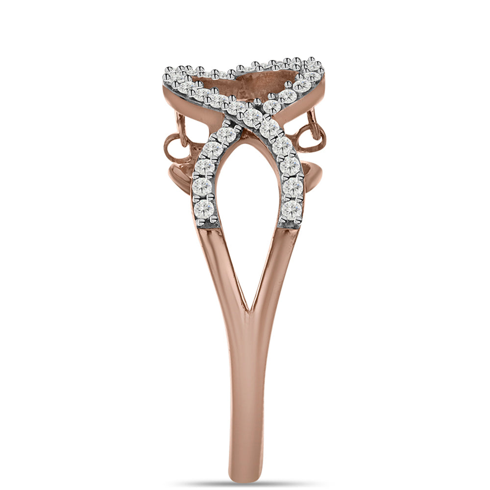 Rosevergoldeter Silberring mit rosafarbenem tanzendem Diamanten und weißem Topas