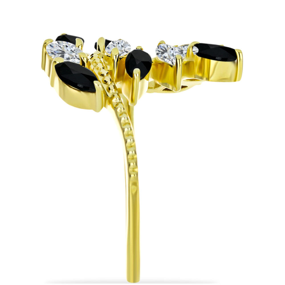 Goldplattierter Silberring mit schwarzem Onyx und weißem Topas