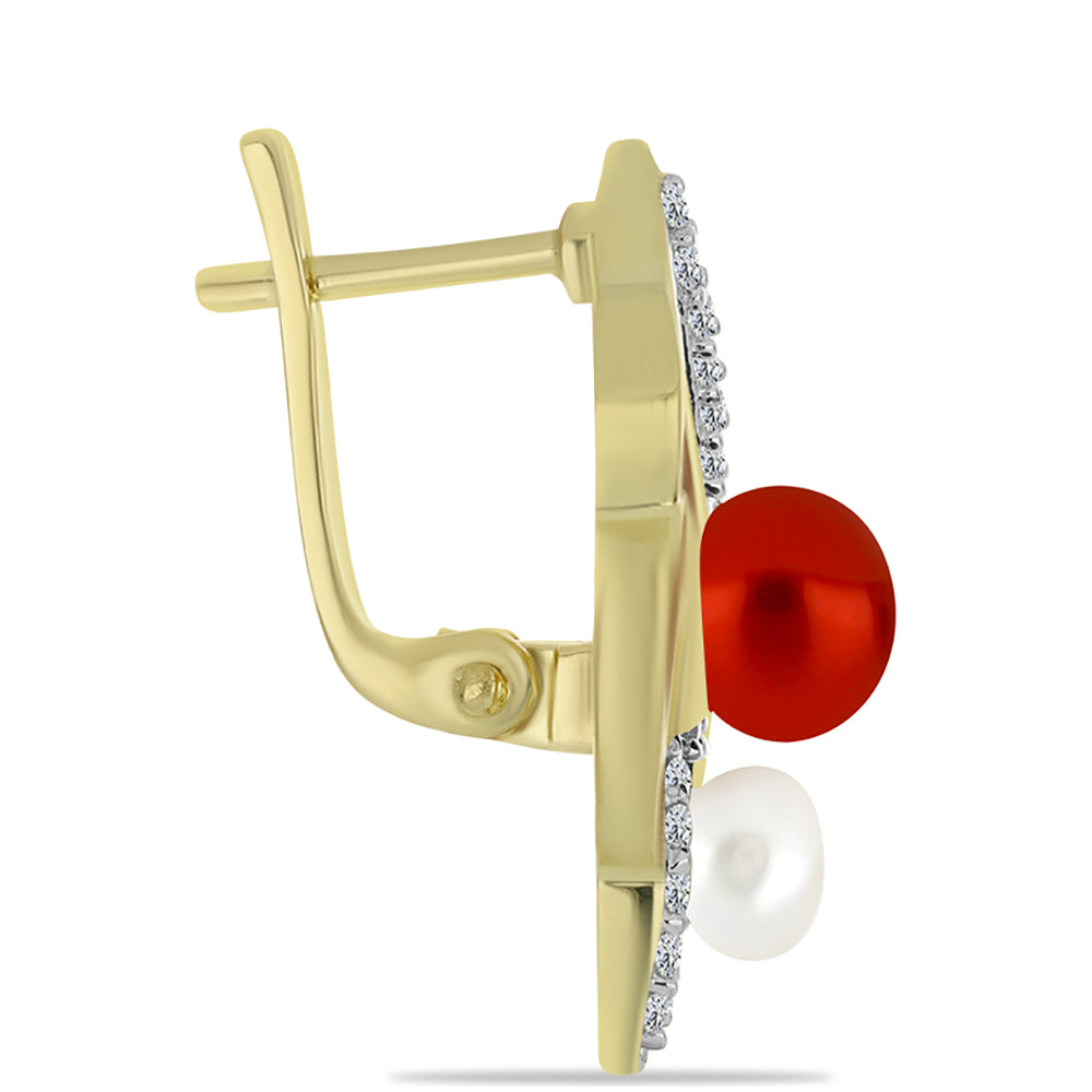 Goldplattierte Silberohrringe mit roter Süßwasserperle und weißem Topas