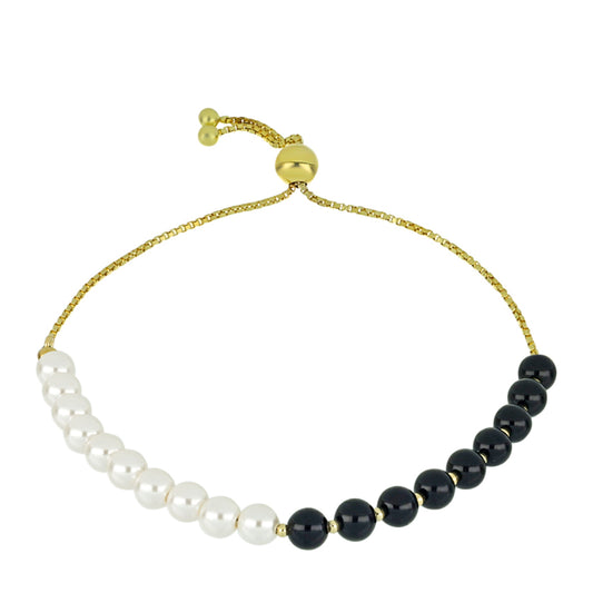 Goldplattiertes Silberarmband mit schwarzem Onyx aus Suwar und weißer Süßwasserperle