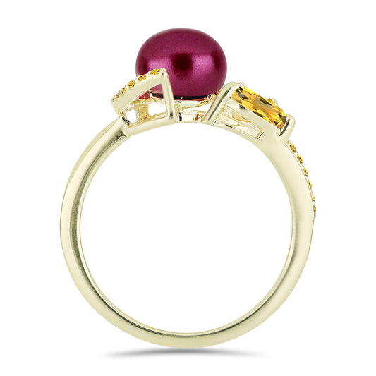 Goldplattierter Silberring mit lilafarbener Süßwasserperle und Zitrin aus dem Ural