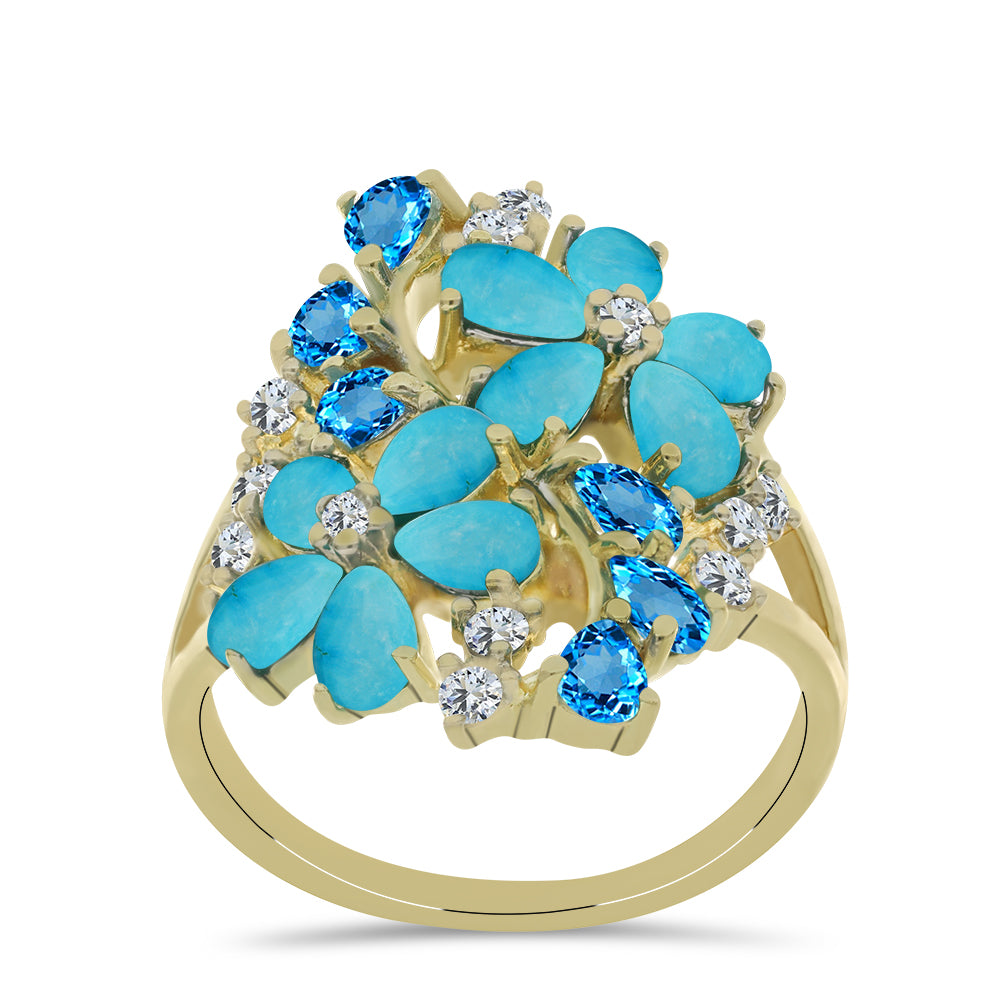 Goldplattierter Silberring mit Dornröschen Türkis und schweizerischem Blautopas