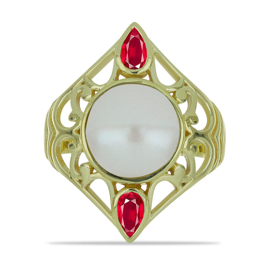 Goldplattierter Silberring mit weißer Süßwasserperle und Rubin aus Madagaskar